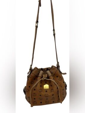 MCM Brown Visetos Drawstring Crossbody Bucket Bag